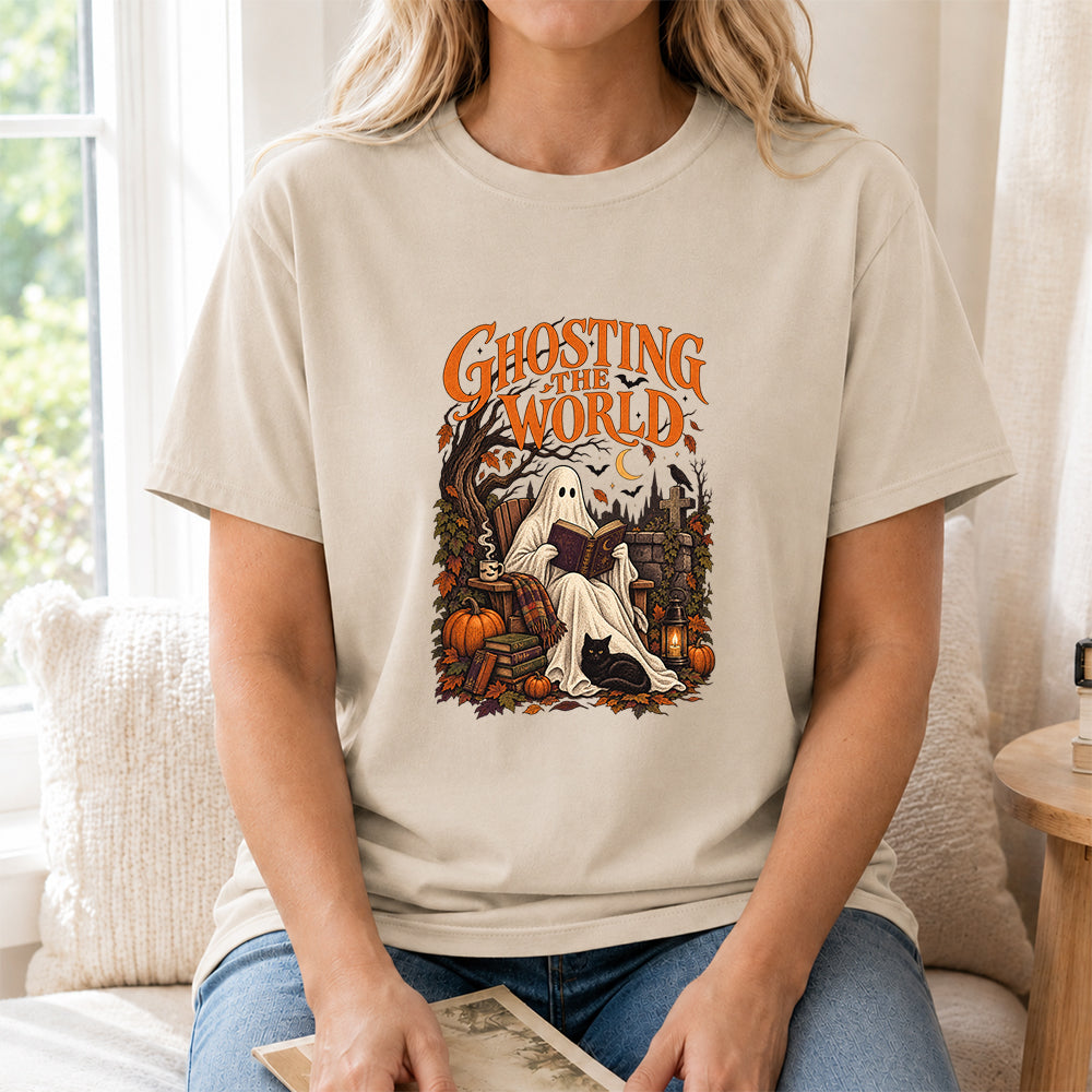 Ghosting The World Cotton T-Shirt | Halloween Book Lover Gift Sand