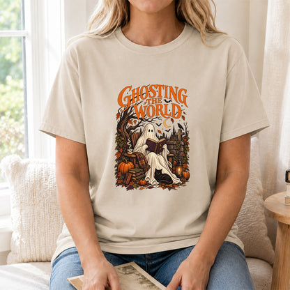 Ghosting The World Cotton T-Shirt | Halloween Book Lover Gift Sand