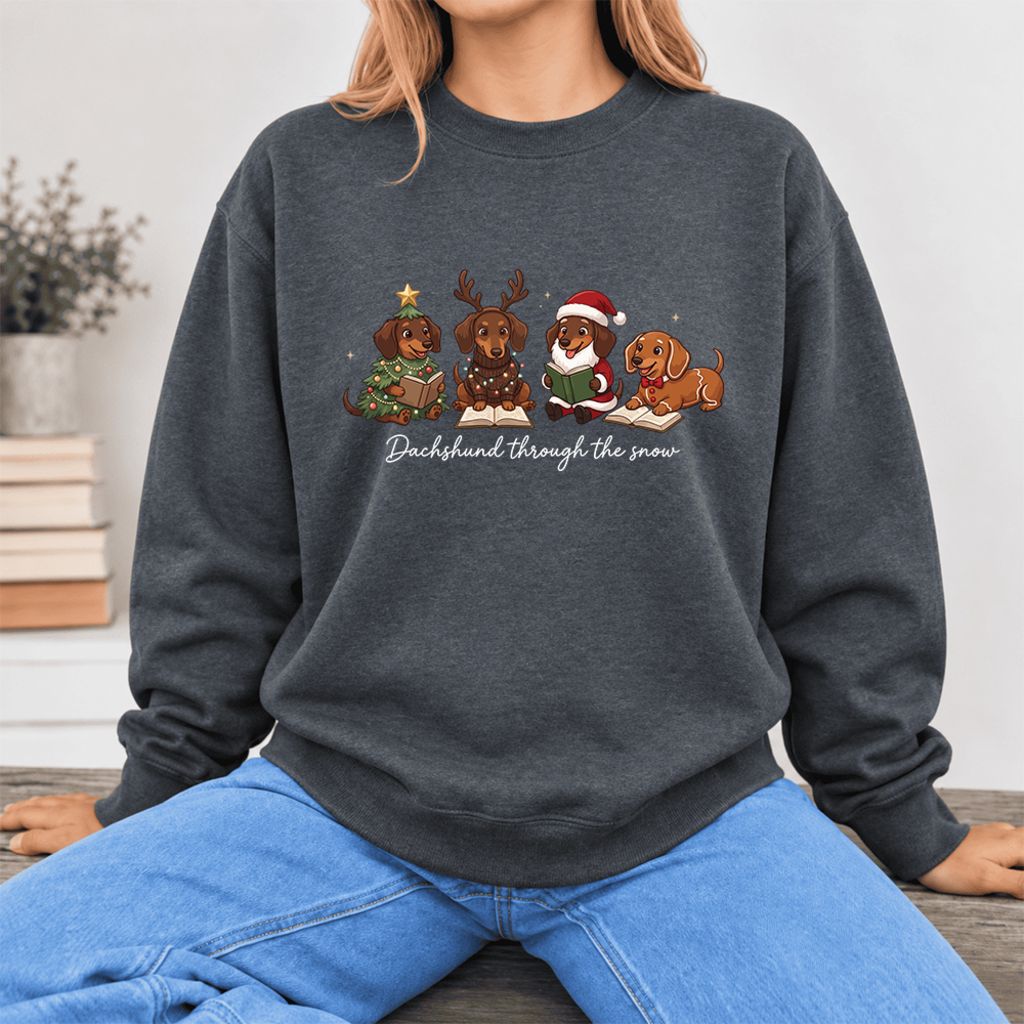 Dachshund Through The Snow Softstyle Sweatshirt | Christmas Book Lover Gift Dark Heather