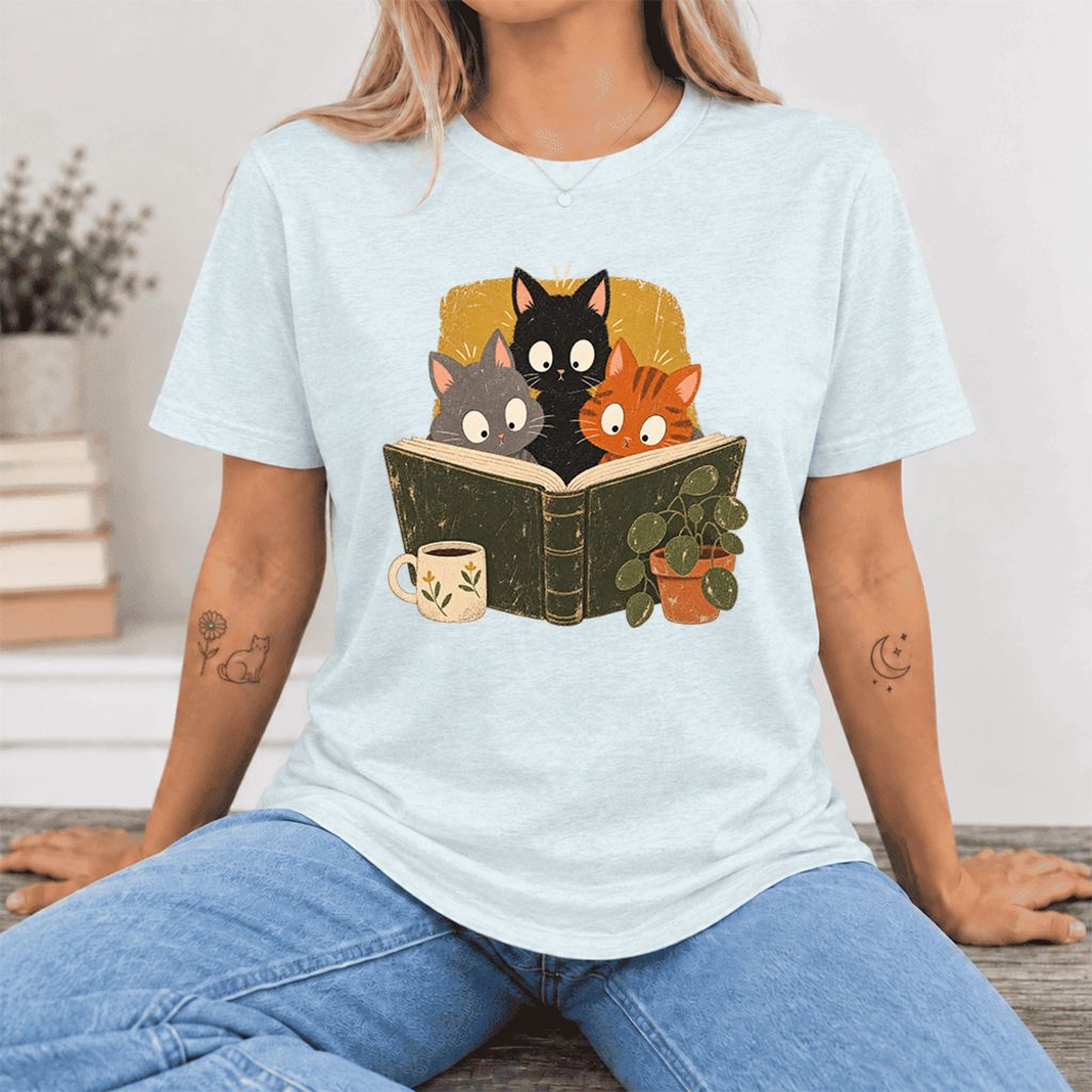 Curious Reading Cats Ultra-Soft Cotton T-Shirt | Cat Lover Reader Gift Heather Ice Blue