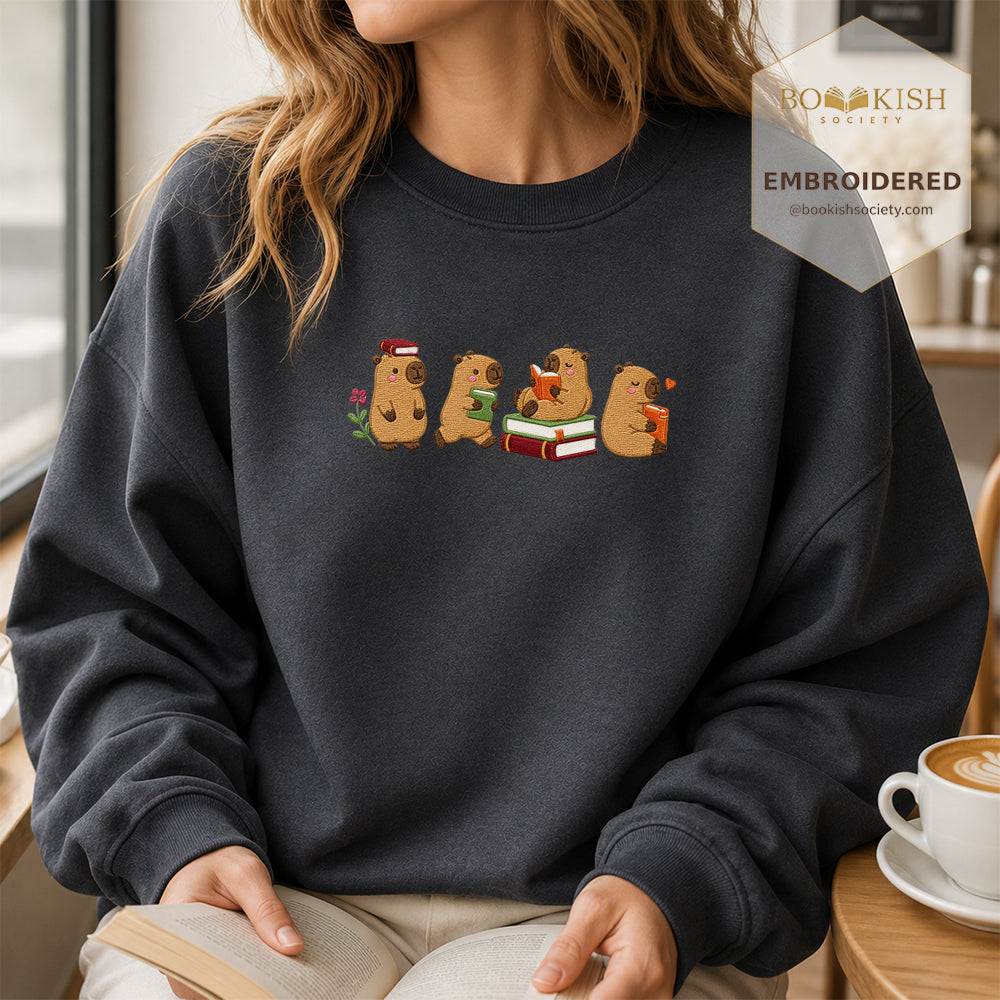 Reading Capybaras Embroidered Sweatshirt | Reader Gift Dark Heather