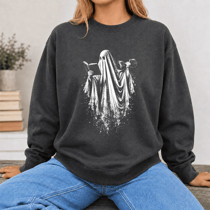 Reading Gym Ghost Printed Sweatshirt | Halloween Book Lover Gift Dark Heather
