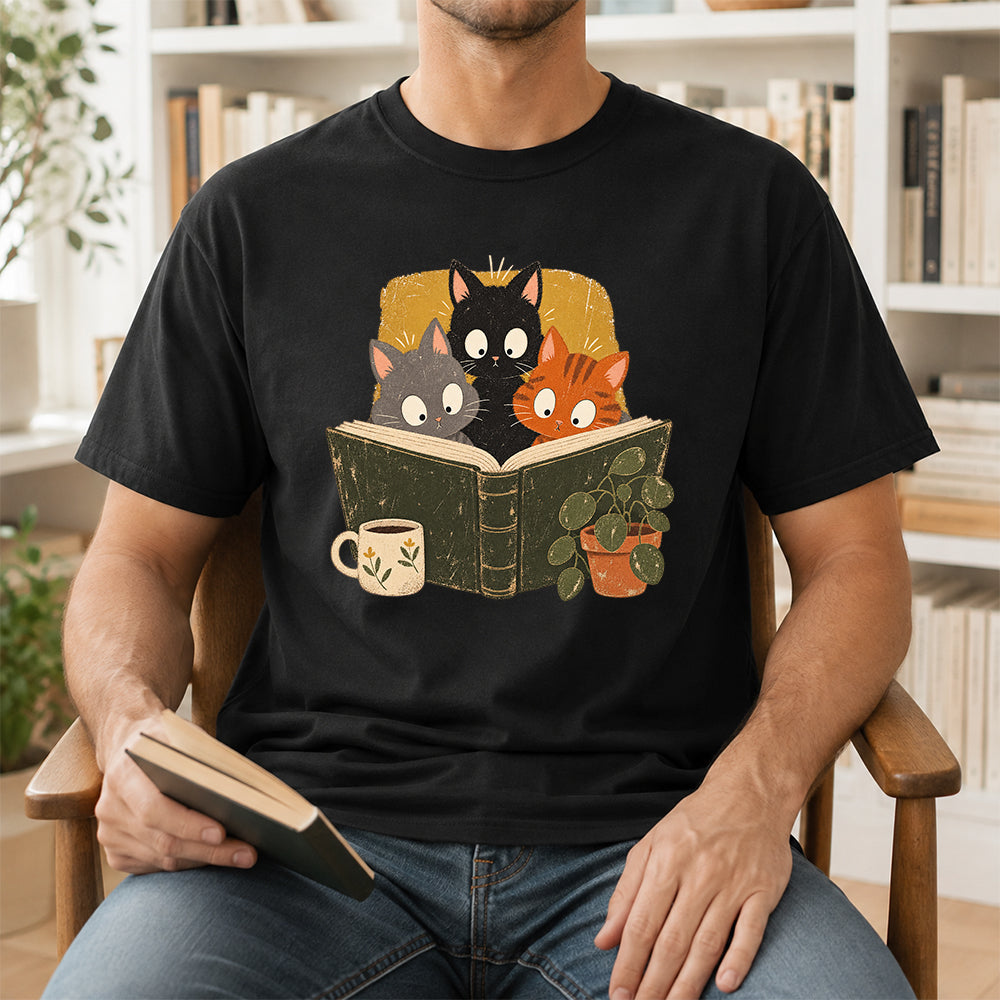 Minimal Japanese Cats Reading Softstyle T-Shirt | Book Lover Gift Black
