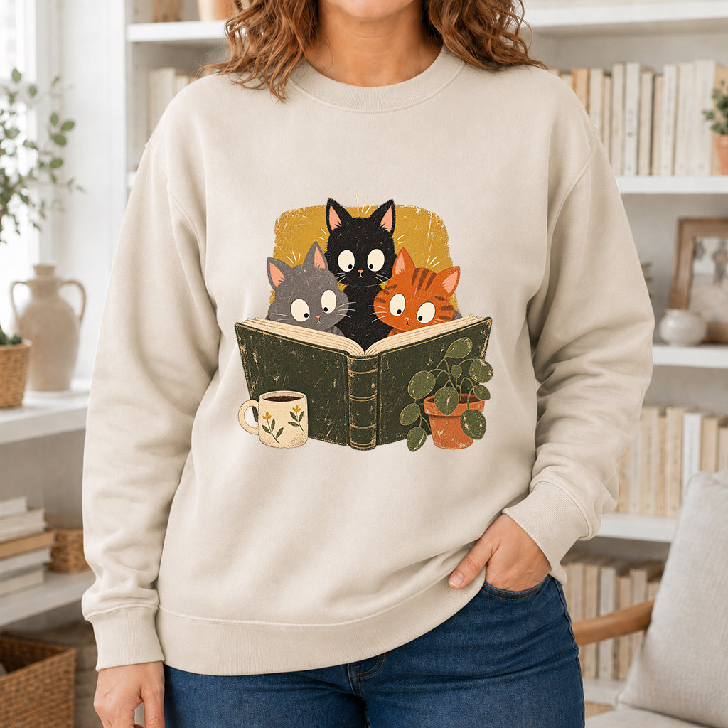 Minimal Japanese Cats Reading Crewneck Sweatshirt | Reader Gift Sand