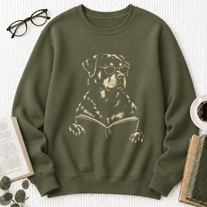 Rottweiler Reading Book Crewneck Sweatshirt | Reader Gift Military Green