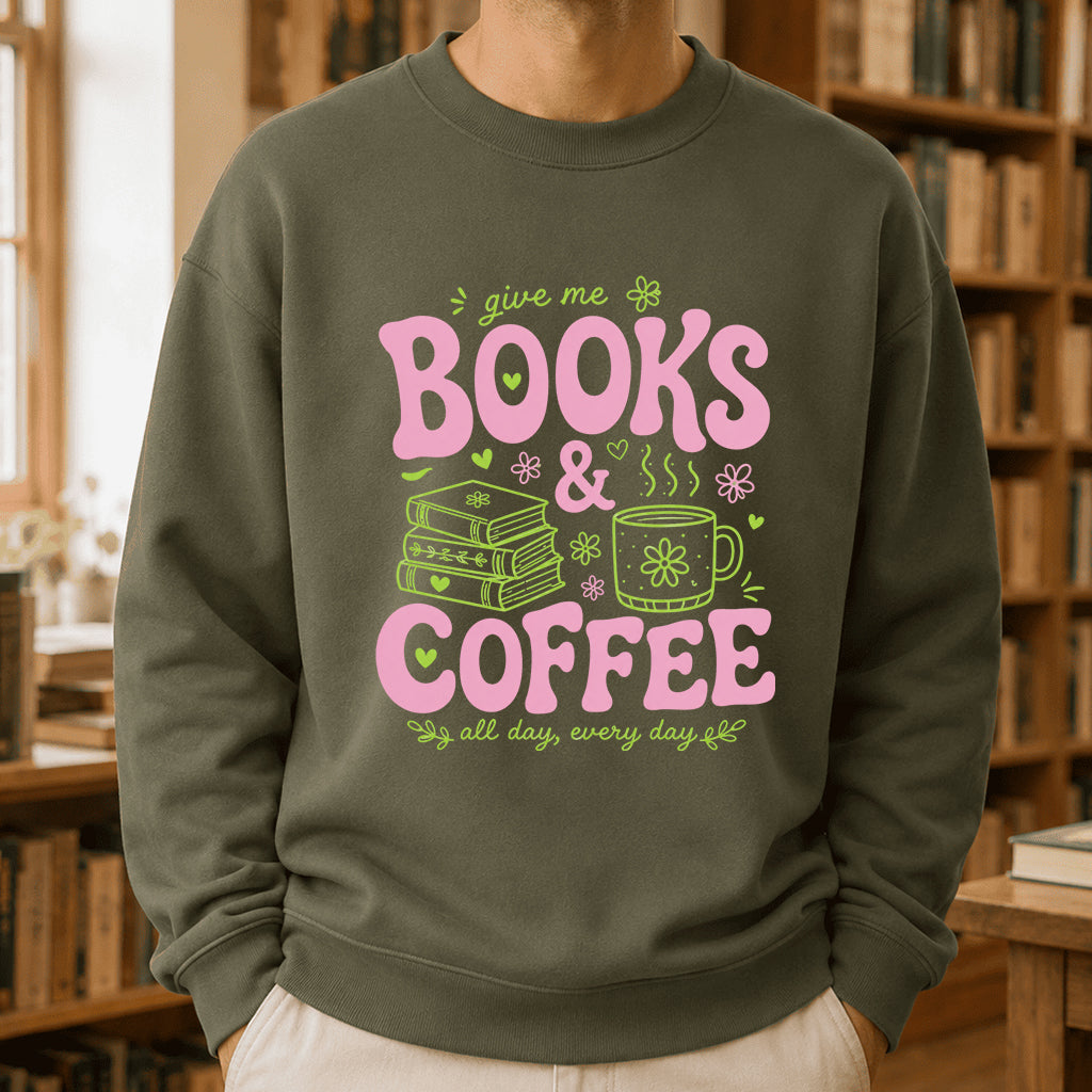 Books and Coffee Crewneck Sweatshirt | Reader Gift Military Green