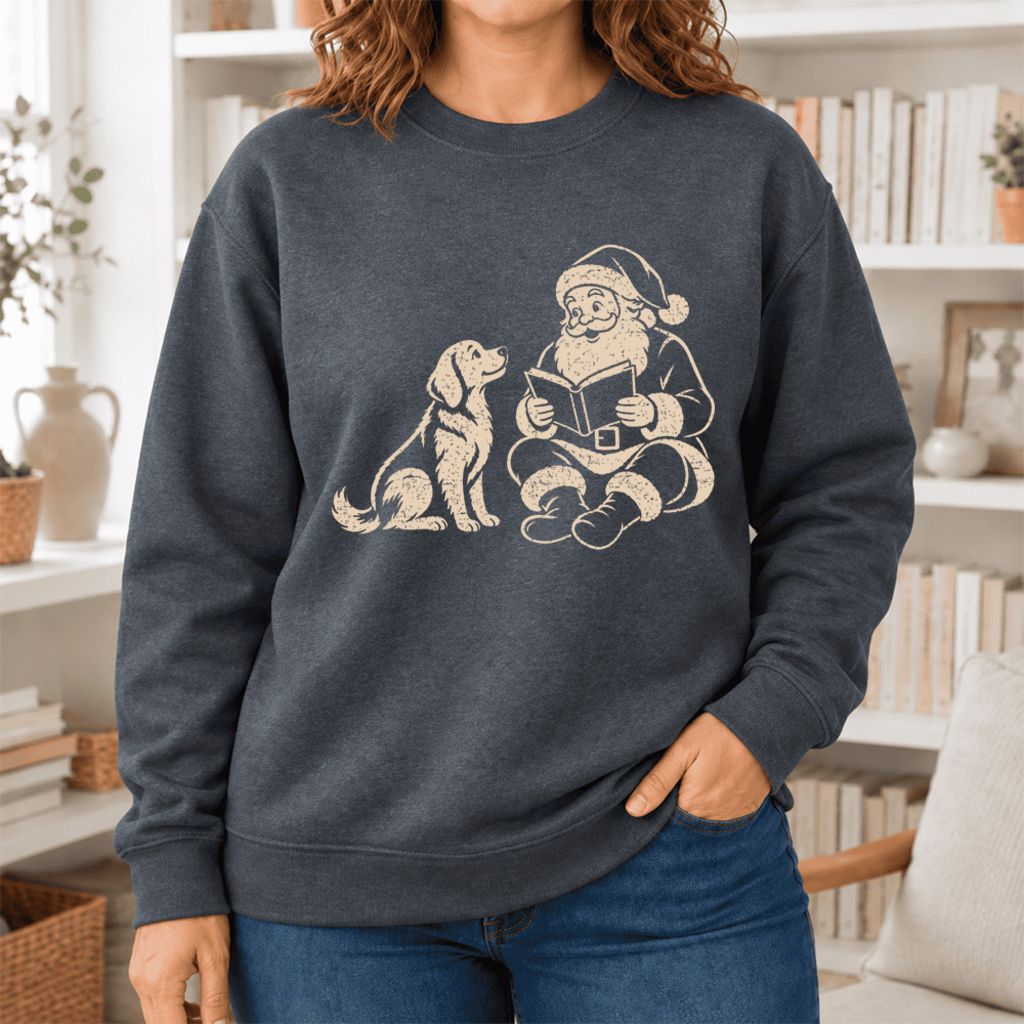 Funny Dog With Reading Santa Softstyle Sweatshirt | Christmas Book Lover Gift Dark Heather