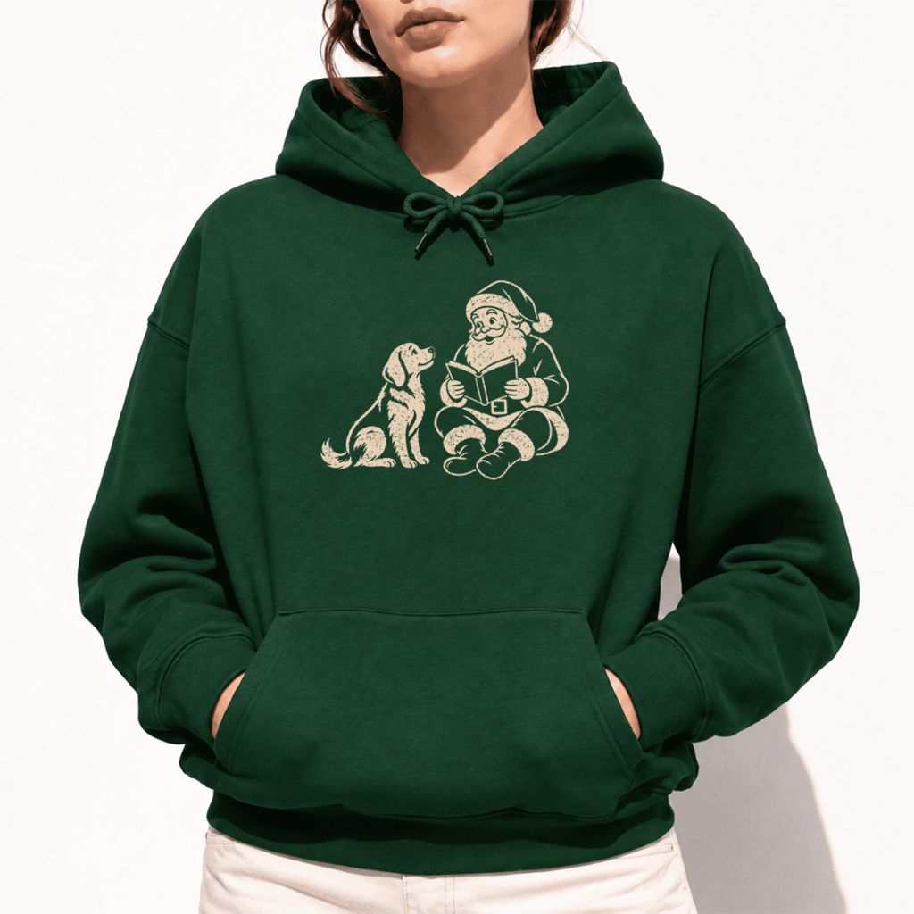 Funny Dog With Santa Christmas Softstyle Hoodie | Christmas Gift For Dog & Book Lover Forest Green