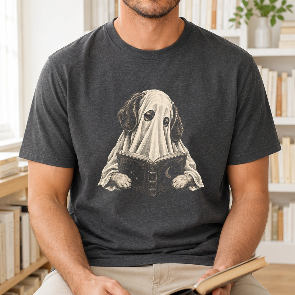 Reading Ghost Dog Printed T-Shirt | Halloween Dog Lover Gift Dark Heather