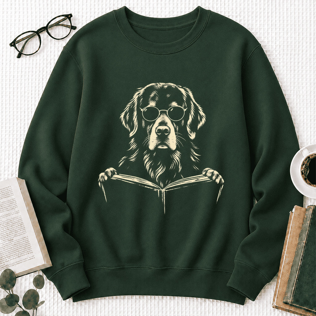 Golden Retriever Reading Book Crewneck Sweatshirt | Reader Gift Forest Green