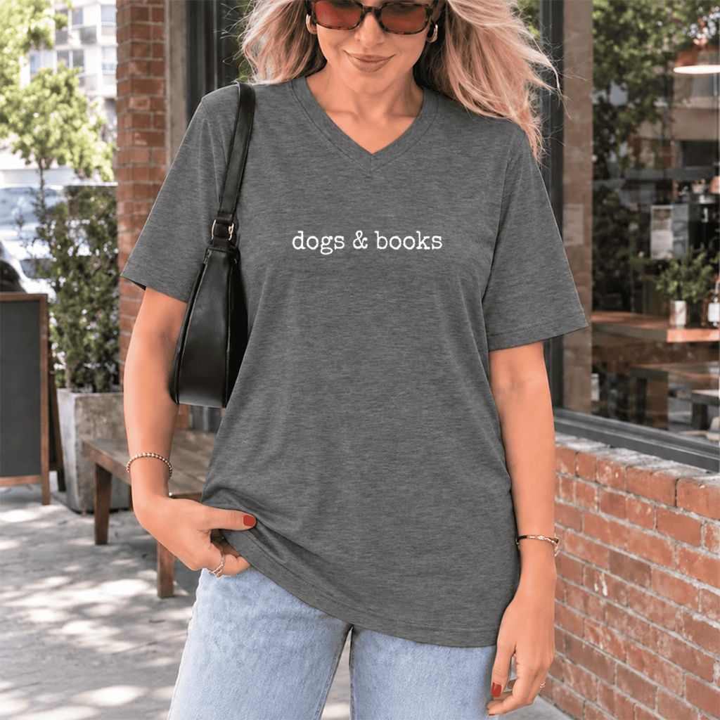 Dogs & Books Ultra-Soft V-Neck | Dog Lover & Reader Gift Deep Heather
