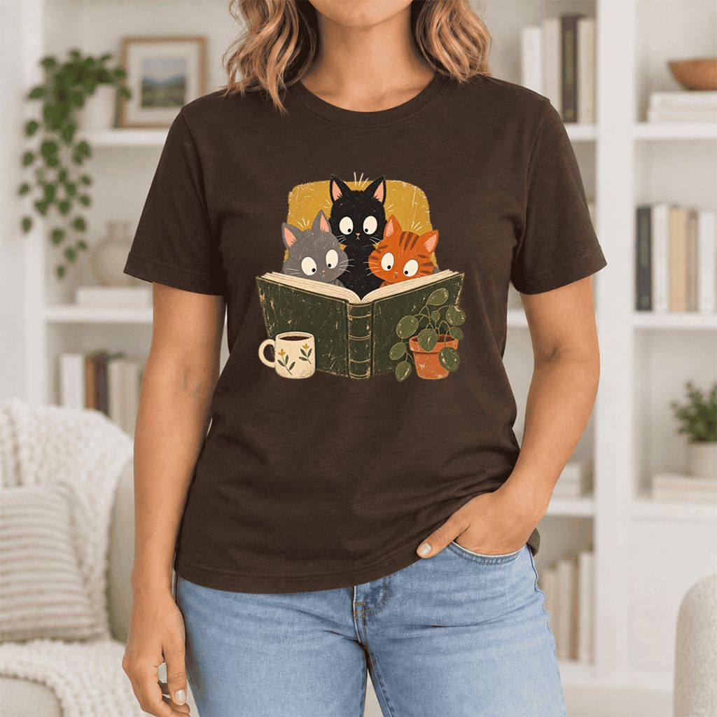 Curious Reading Cats Ultra-Soft Cotton T-Shirt | Cat Lover Reader Gift Brown