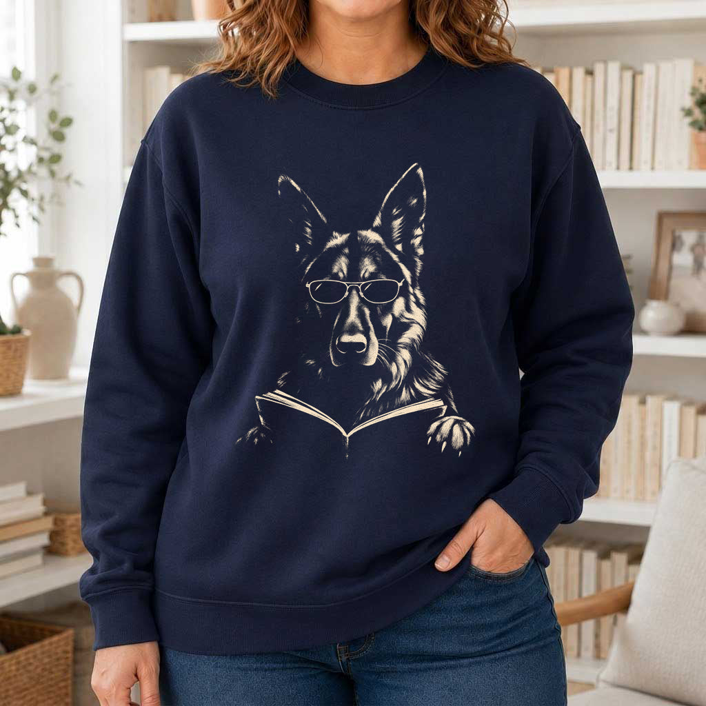 German Shepherd Reading Book Crewneck Sweatshirt | Reader Gift Navy