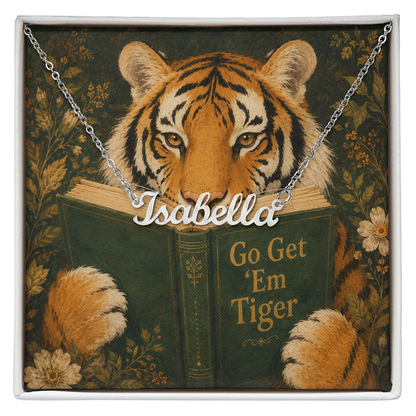 Motivational Tiger Reading Decorative Card And Custom Name Polished Stainless Steel Necklace With Box Book Lover Gift Font 1
