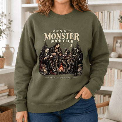 Midnight Monster Book Club Printed Sweatshirt | Halloween Book Lover Gift Military Green