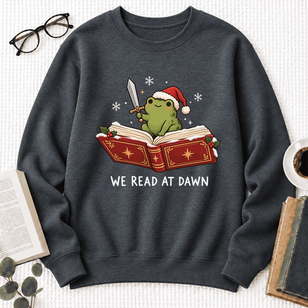 We Read At Dawn Frog Softstyle Sweatshirt | Christmas Book Lover Gift Dark Heather