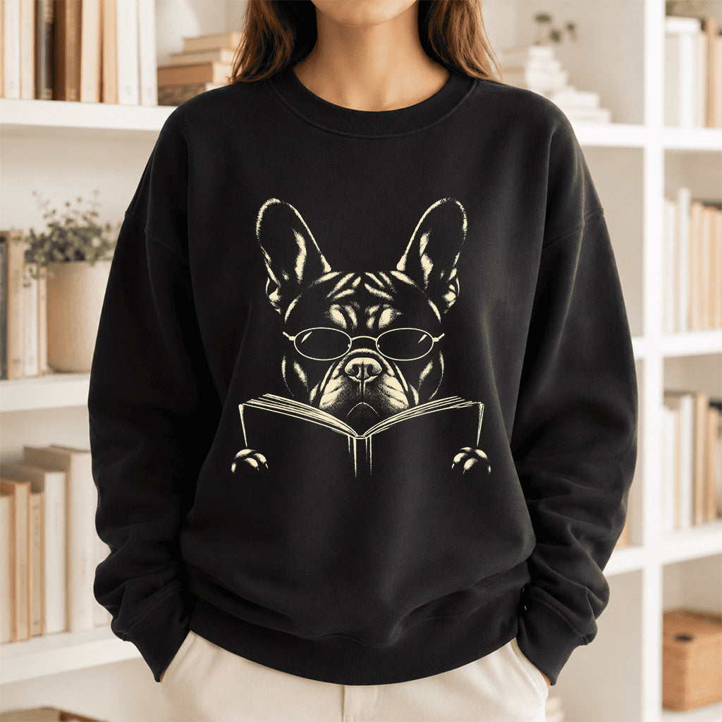 French Bulldog Reading Book Crewneck Sweatshirt | Reader Gift Black