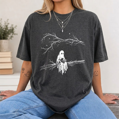 Reading Ghost With Black Cat Printed T-Shirt | Halloween Cat Lover Reader Gift Dark Heather
