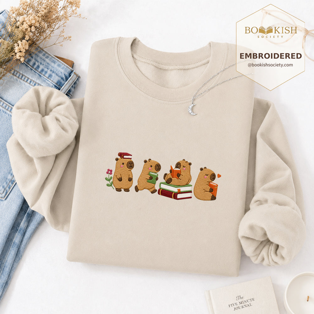 Reading Capybaras Embroidered Sweatshirt | Reader Gift Sand