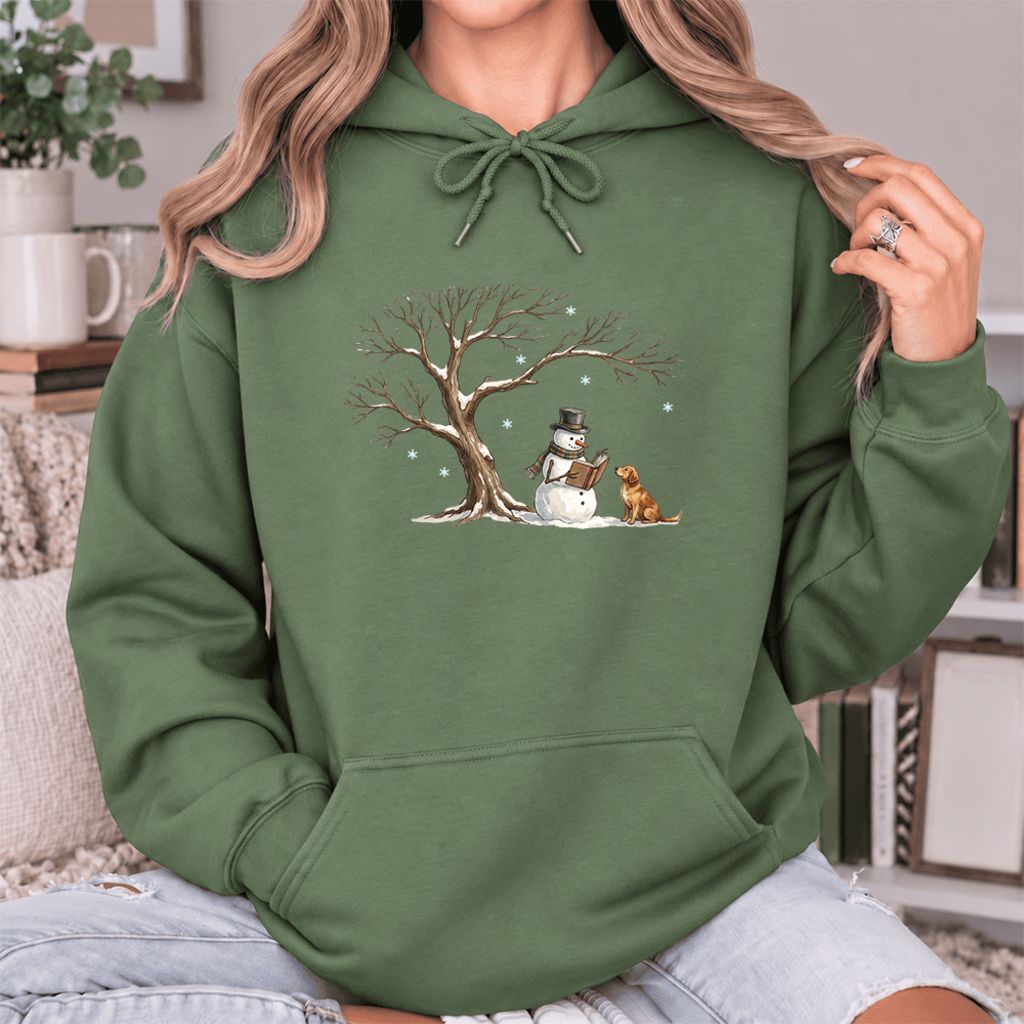 Golden Retriever And Snowman Under Tree Softstyle Hoodie | Christmas Reader Gift Military Green