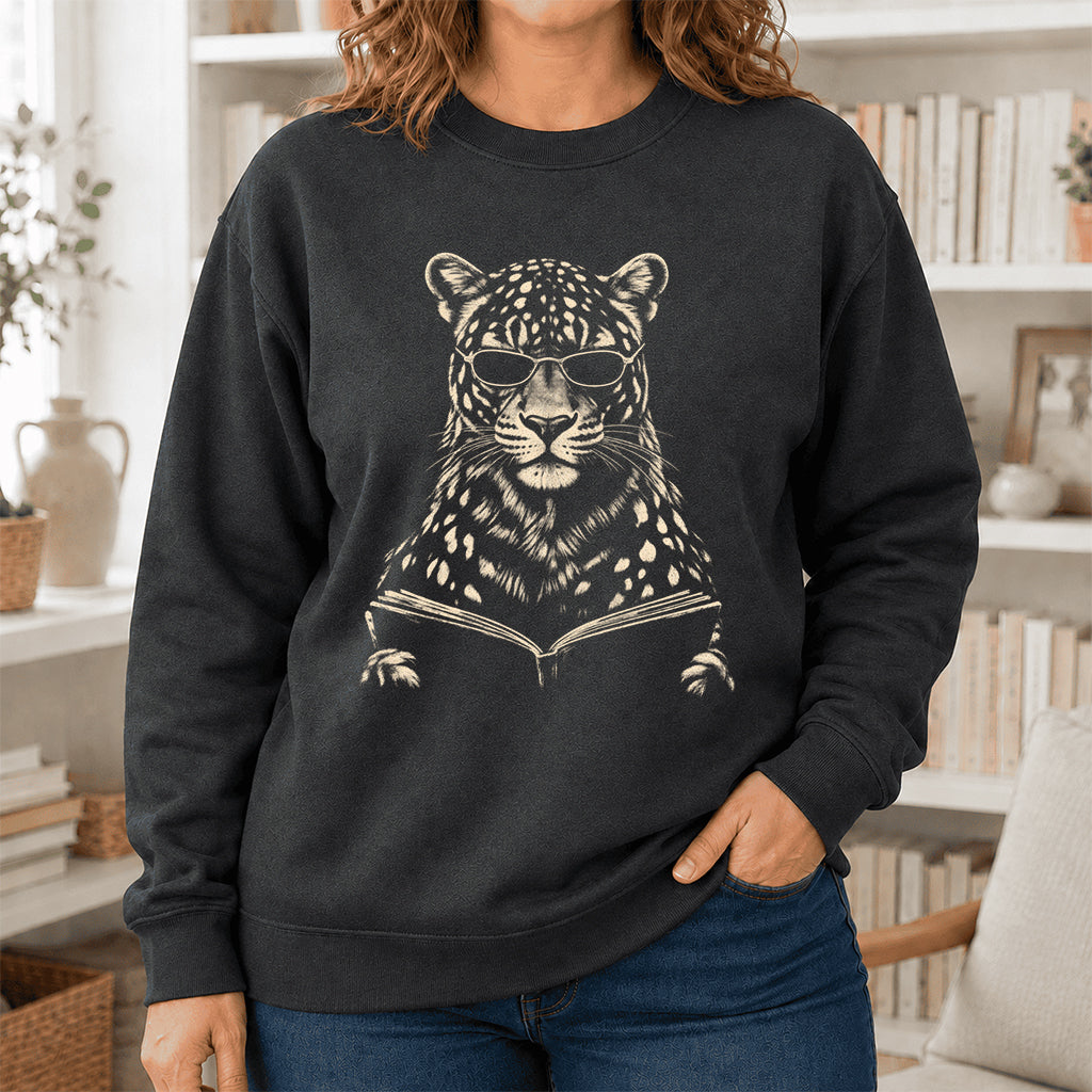 Leopard Reading Book Crewneck Sweatshirt | Reader Gift Dark Heather