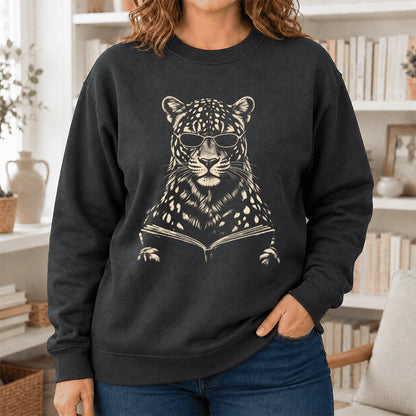 Leopard Reading Book Crewneck Sweatshirt | Reader Gift Dark Heather