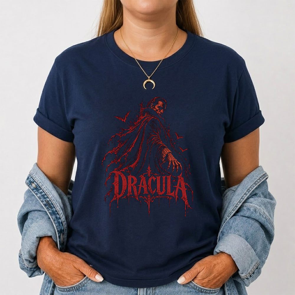 Dracula Printed T-Shirt | Halloween Horror Book Lover Gift Navy