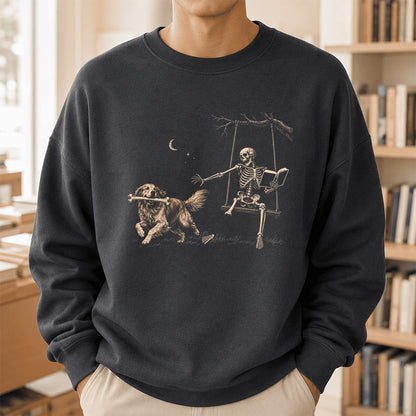 Funny Reading Book With Golden Retriever Printed Sweatshirt | Halloween Dog Lover & Reader Gift Dark Heather
