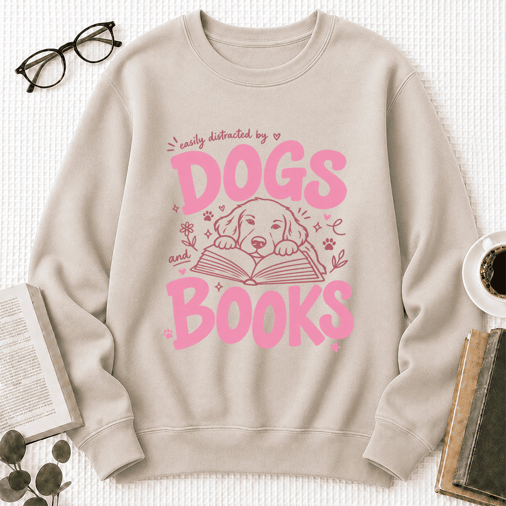 Easily Distracted By Dog And Books Crewneck Sweatshirt | Dog Lover & Reader Gift Sand