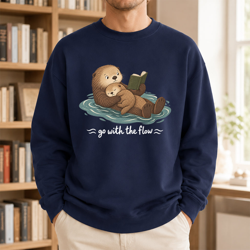 Go With The Flow Otter Reading Crewneck Sweatshirt | Reader Gift Navy