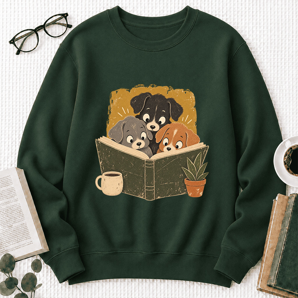 Minimal Japanese Dogs Reading Crewneck Sweatshirt | Reader Gift Forest Green