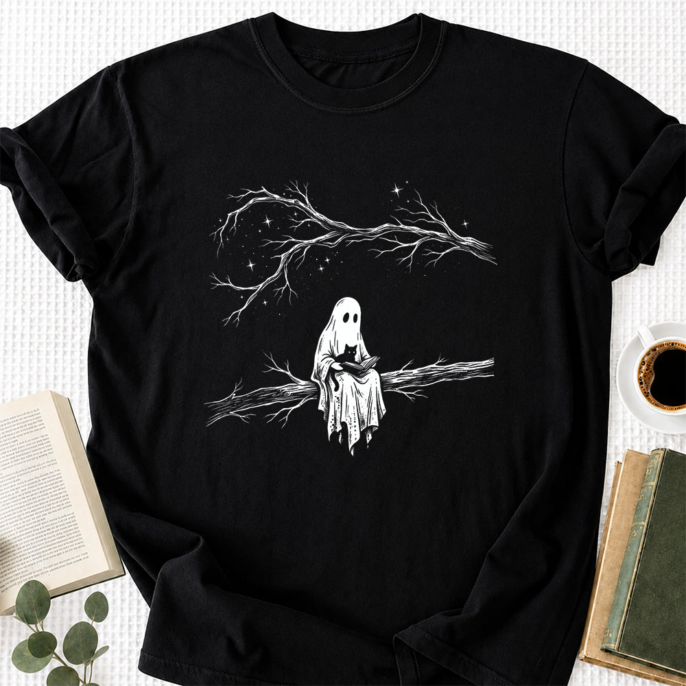 Reading Ghost With Black Cat Printed T-Shirt | Halloween Cat Lover Reader Gift Black