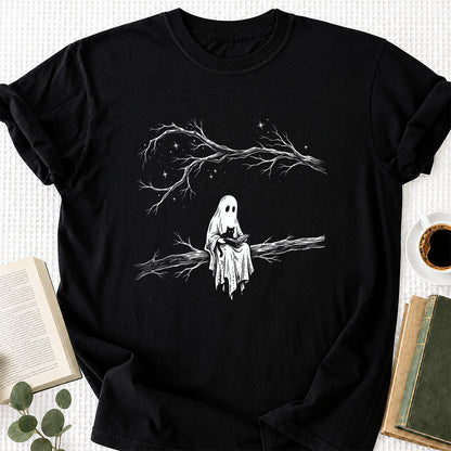 Reading Ghost With Black Cat Printed T-Shirt | Halloween Cat Lover Reader Gift Black
