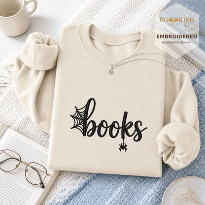 Halloween Books Embroidered Sweatshirt | Spooky Book Lover Gift Sand
