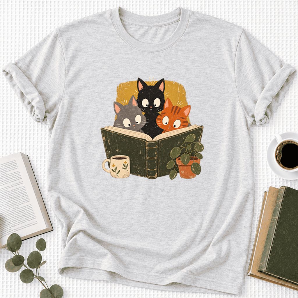 Curious Reading Cats Ultra-Soft Cotton T-Shirt | Cat Lover Reader Gift Ash