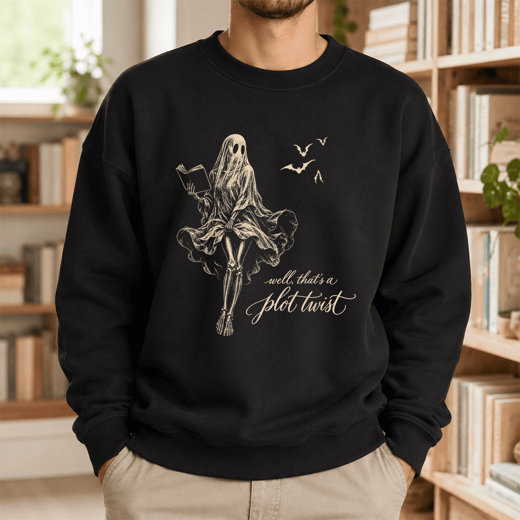 Funny Dress-Wearing Bookworm Ghost Printed Sweatshirt | Halloween Reader Gift Black