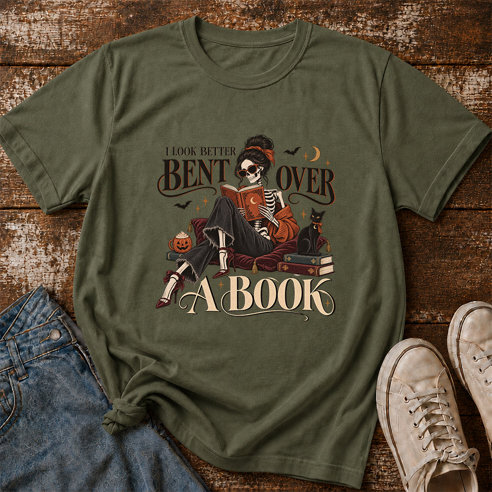 I Look Better Bent Over A Book Printed T-Shirt | Halloween Book Lover Gift Military Green