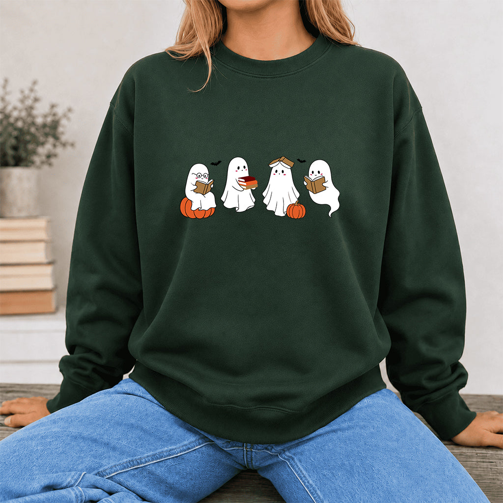 Halloween Ghosts Reading Printed Sweatshirt | Spooky Book Lover Gift Forest Green