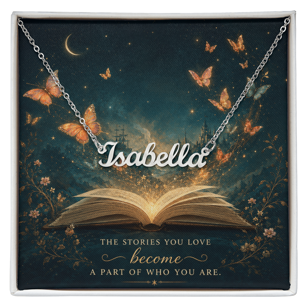 The Stories You Love Decorative Card And Custom Name Polished Stainless Steel Necklace With Box Book Lover Gift Font 1