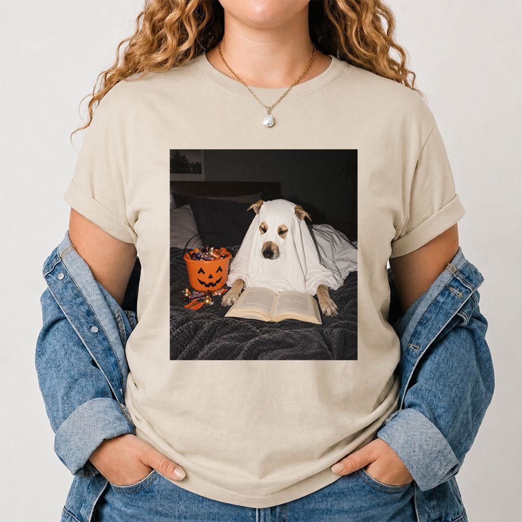 Cute Reading Ghost Dog Printed T-Shirt | Halloween Book Lover Gift Sand