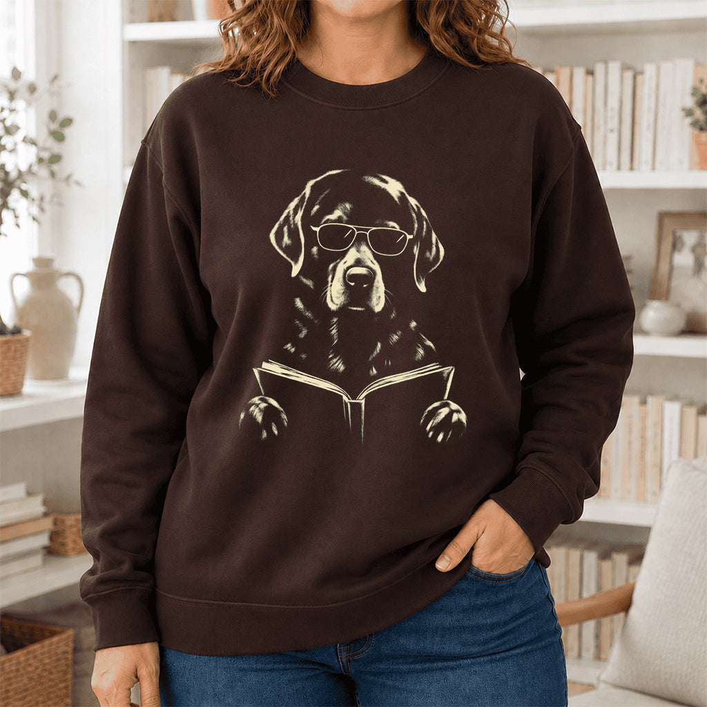 Labrador Retriever Reading Book Crewneck Sweatshirt | Reader Gift Dark Chocolate
