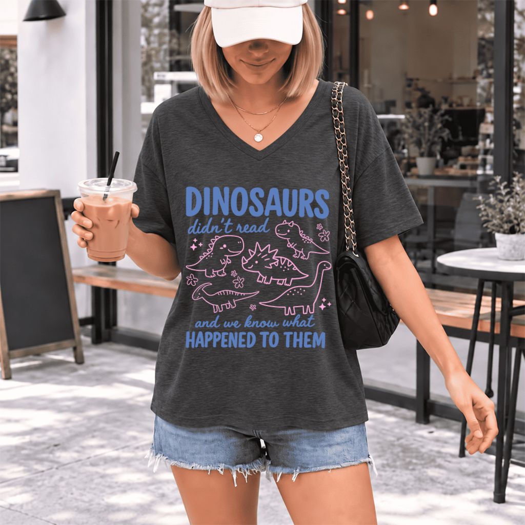 Dinosaurs Didn'T Read Ultra-Soft V-Neck | Funny Book Lover Gift Dark Grey Heather