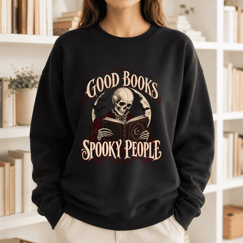 Good Books Spooky People Printed Sweatshirt | Halloween Book Lover Gift Black