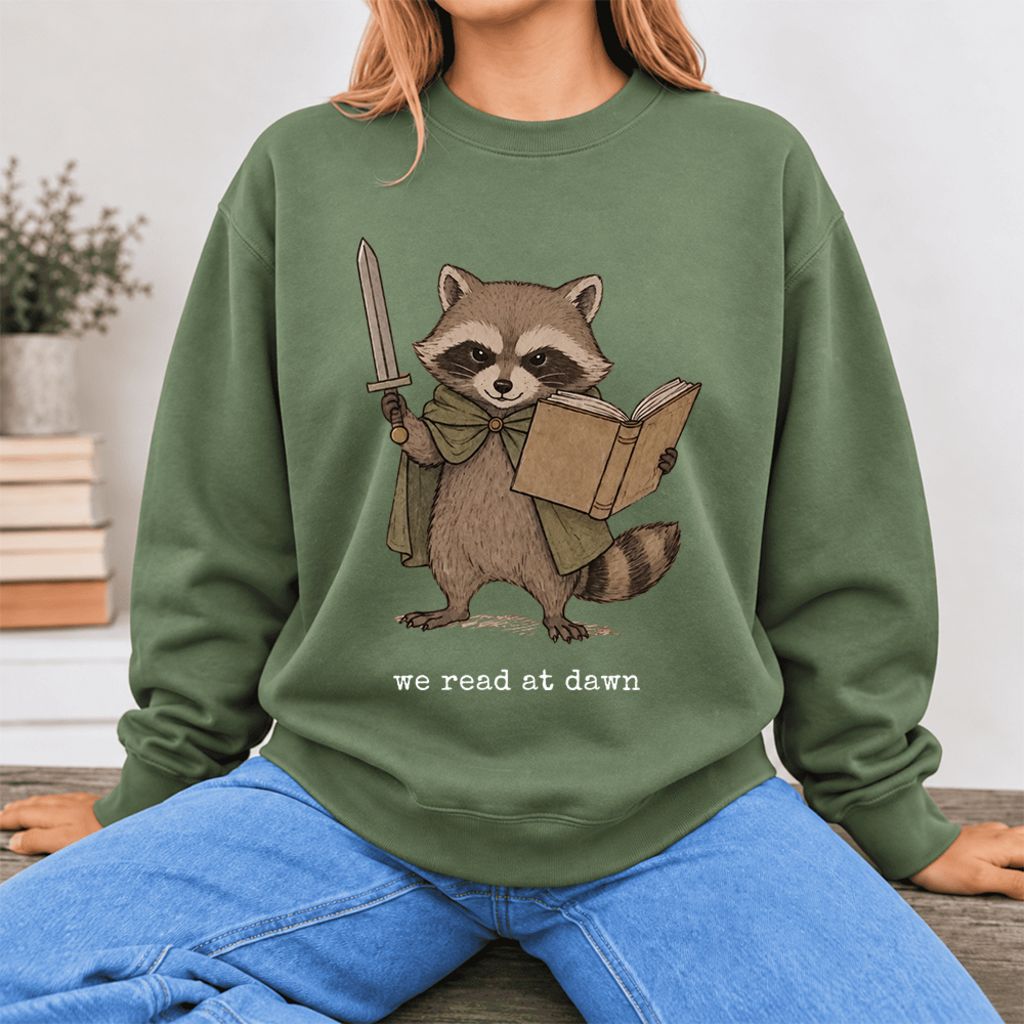 We Read At Dawn Funny Racoon Softstyle Sweatshirt | Cozy Book Lover Gift Military Green