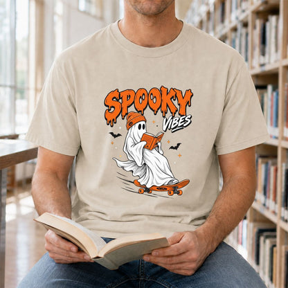 Spooky Vibes Printed T-Shirt | Halloween Book Lover Gift Sand