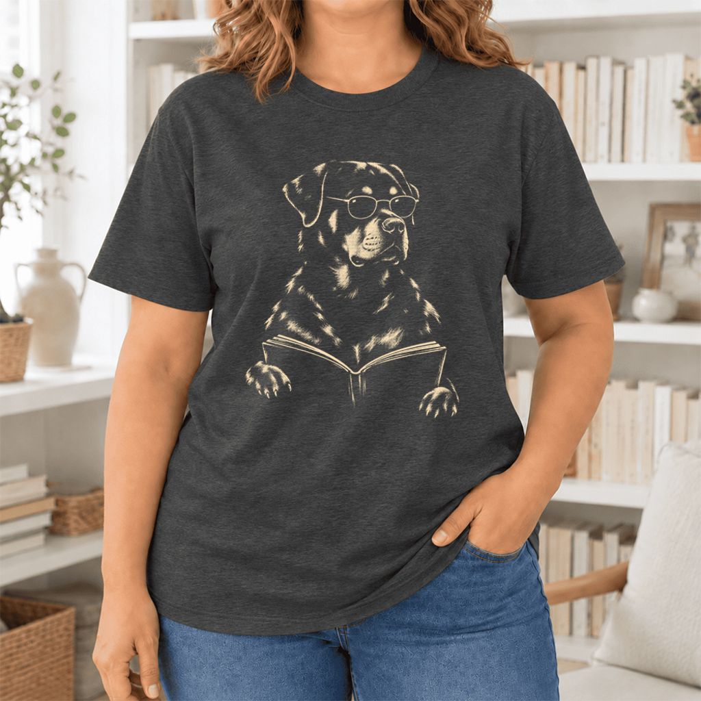 Rottweiler Reading Book Ultra-Soft Cotton T-Shirt | Dog Mom Reader Gift Dark Grey Heather