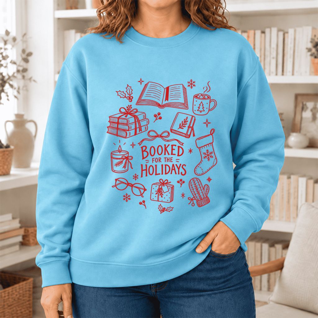 Booked For The Holidays Softstyle Sweatshirt | Christmas Book Lover Gift Sky