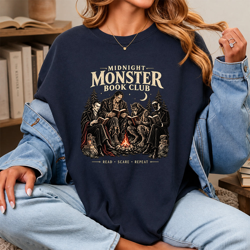 Midnight Monster Book Club Printed T-Shirt | Halloween Book Lover Gift Navy