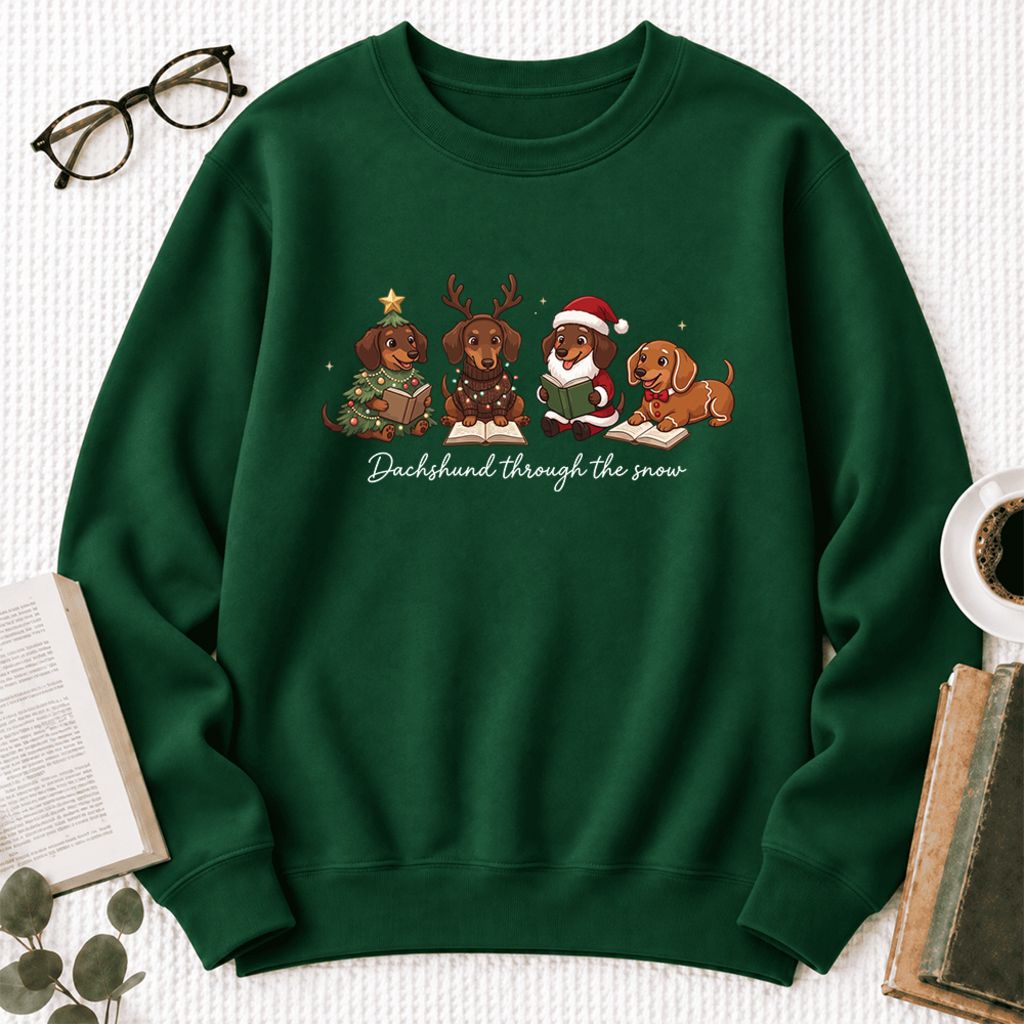 Dachshund Through The Snow Softstyle Sweatshirt | Christmas Book Lover Gift Forest Green