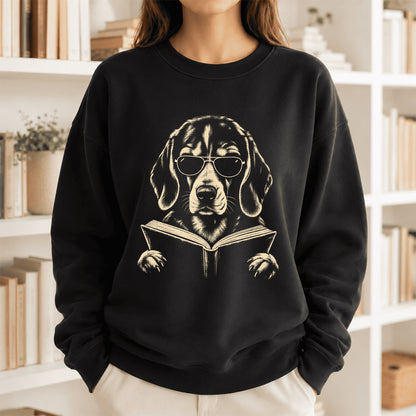 Beagle Reading Book Crewneck Sweatshirt | Reader Gift Black
